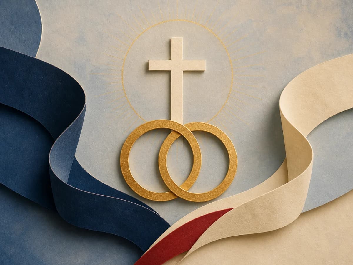 Paper-collage illustration of two gold rings beneath a cross