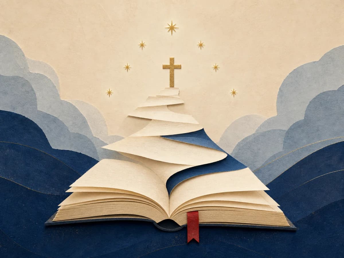 Paper-collage illustration of an open book leading toward a cross