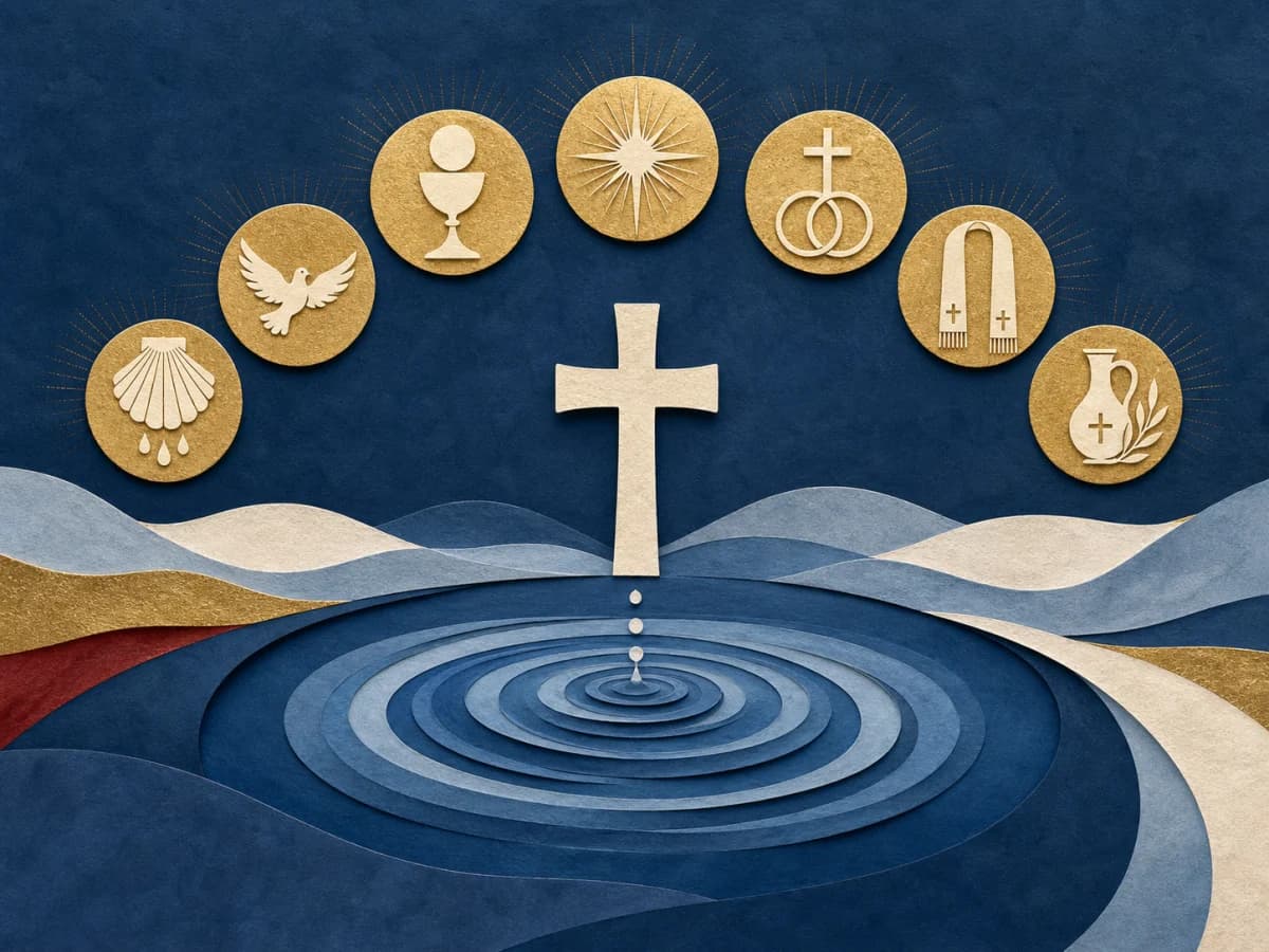 Paper-collage illustration of the seven sacraments around a cross and baptismal water